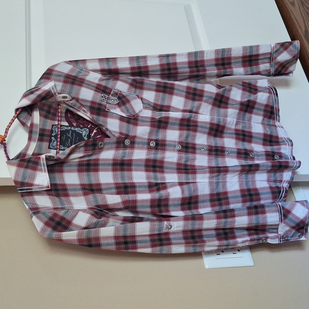 Guess Ladies Red, White And Black Plaid Blouse - Picture 2 of 5